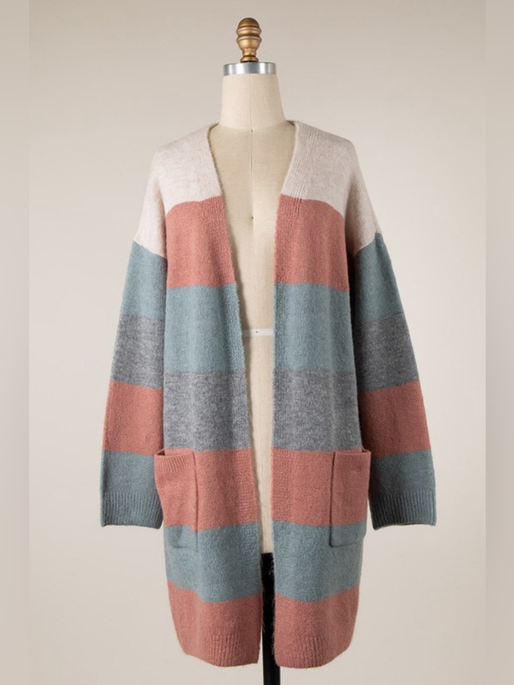 Pink blue color block stripe open boho western long duster knit cardigan sweater